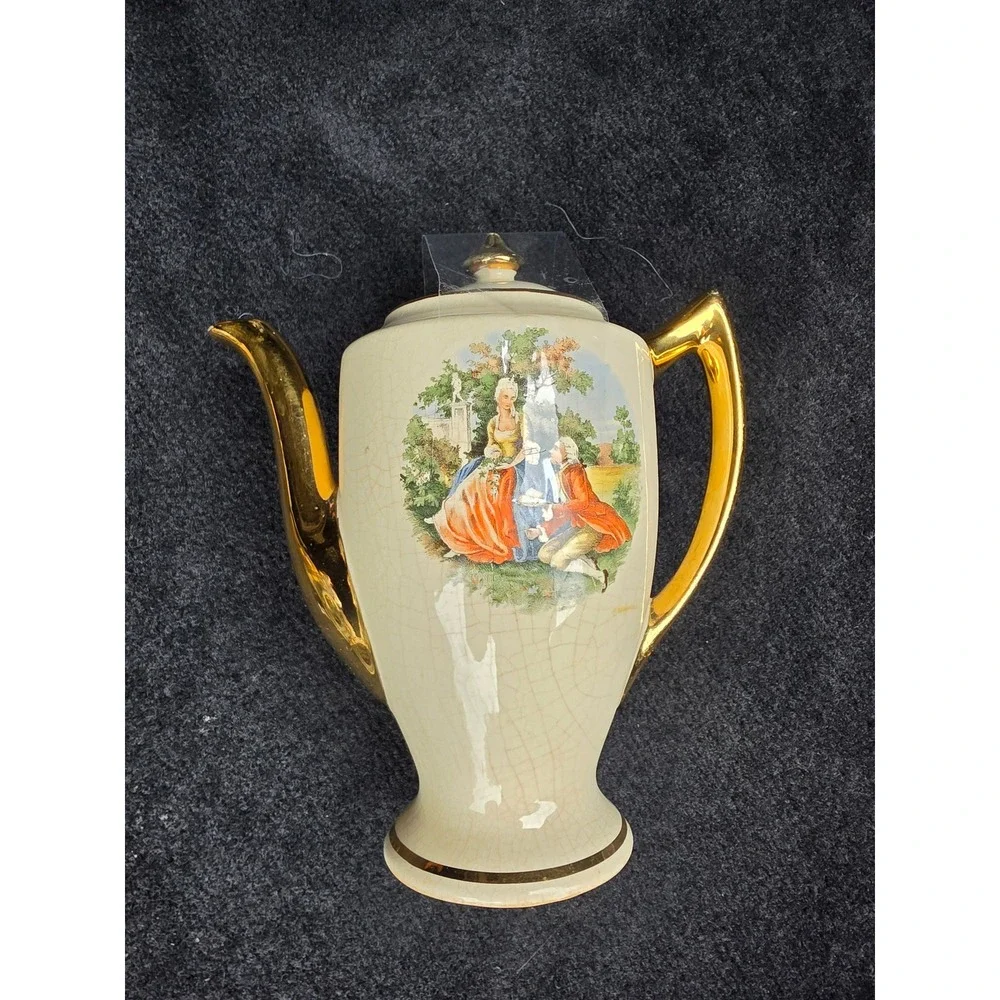 Vtg Courting Couple Ceramic Coffee Pot Gold Trim Fragonard Style Teapot Cream